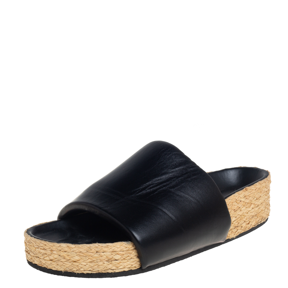 Celine Black Leather Flat Espadrille Slides Size 39