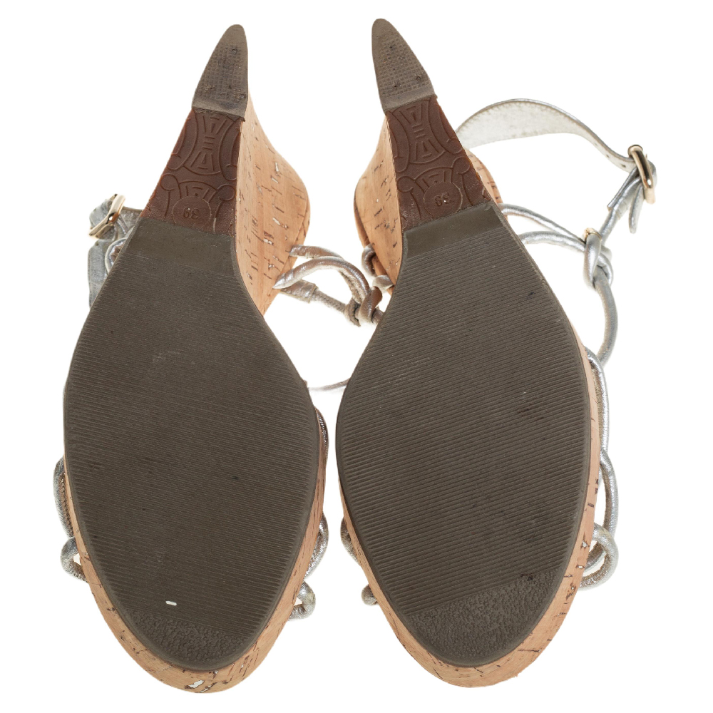 Céline Silver Leather T-Strap Wedge Platform Ankle Strap Sandals Size 39