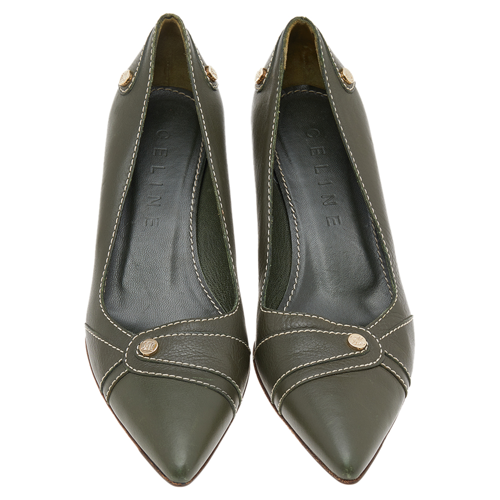 Celine Green Leather Pointed Toe Pumps Size 36.5