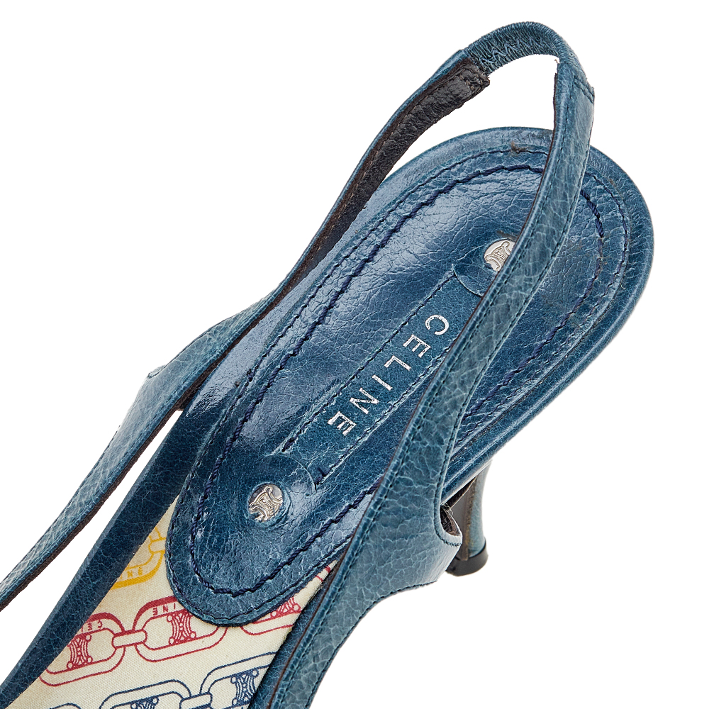 Celine Blue Leather Macadam Logo Slingback Sandals Size 40