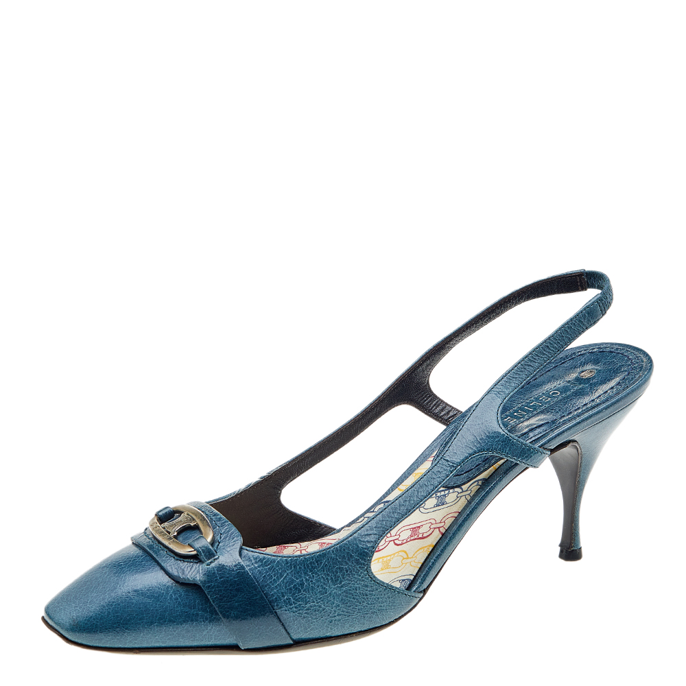 Celine Blue Leather Macadam Logo Slingback Sandals Size 40