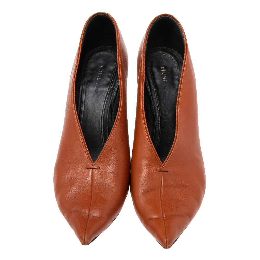 Celine Brown Leather V Neck Pointed Toe Pumps Size 37