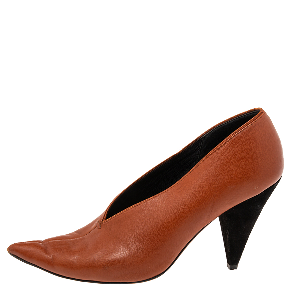 Celine Brown Leather V Neck Pointed Toe Pumps Size 37