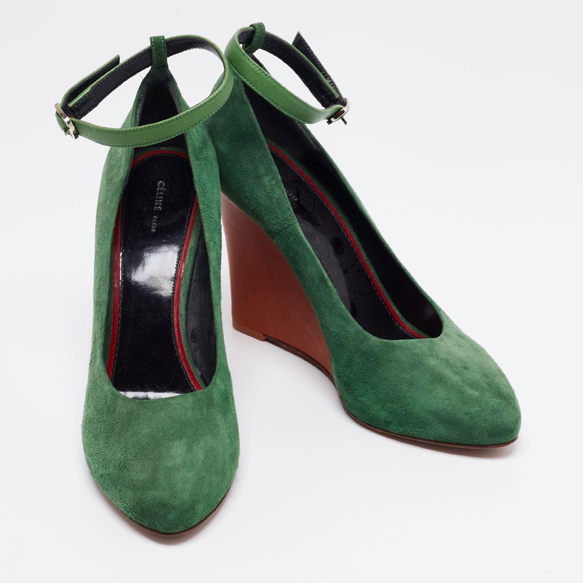 Celine Green Suede Wedge Ankle Strap Pumps Size 39
