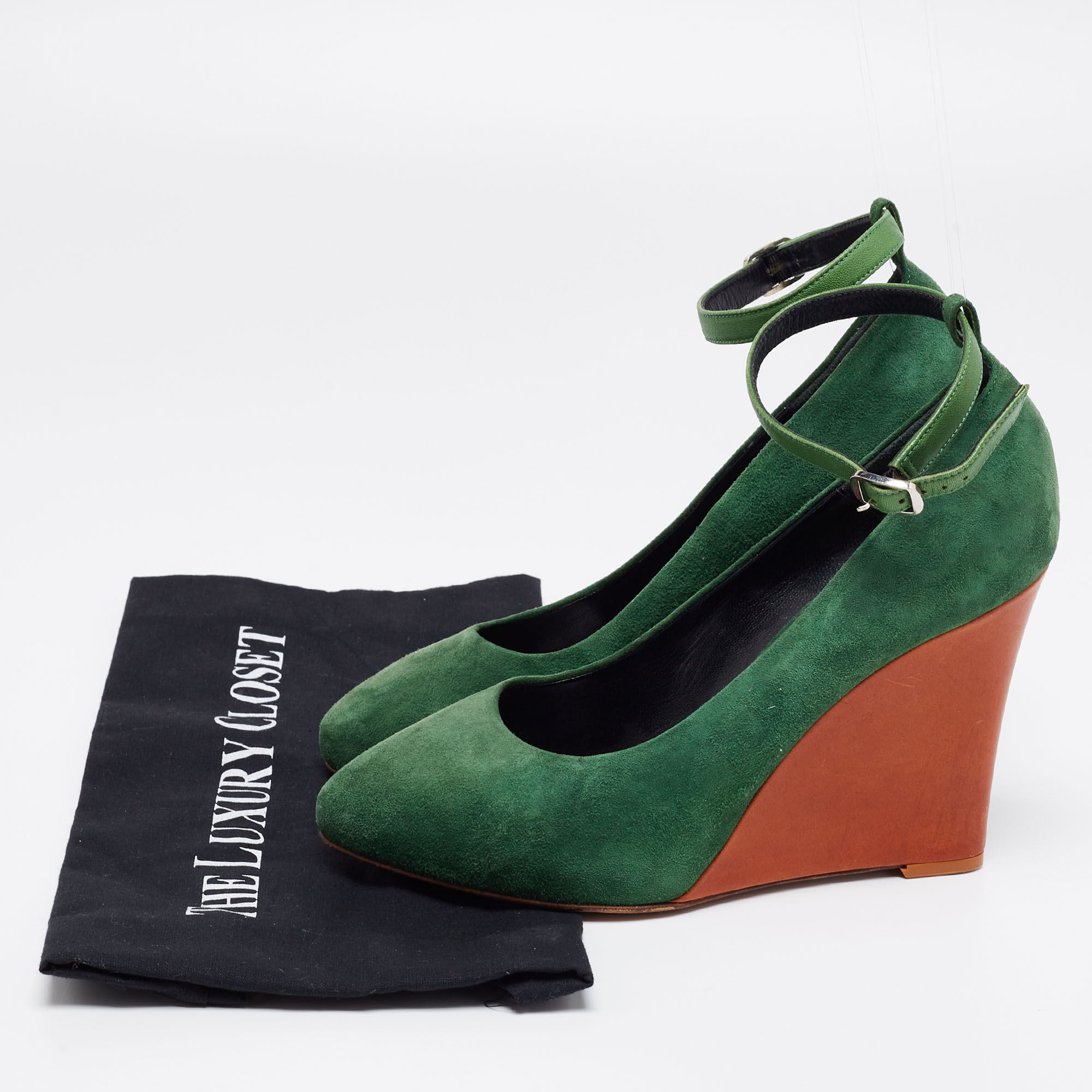Celine Green Suede Wedge Ankle Strap Pumps Size 39