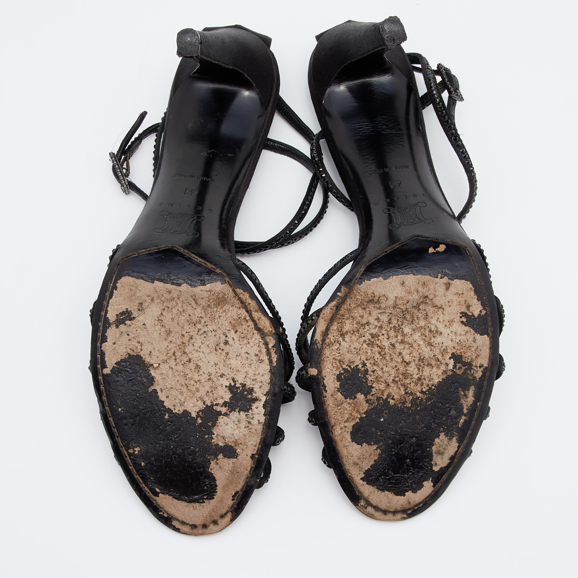 Celine Black Satin Embellished Strappy Sandals Size 41