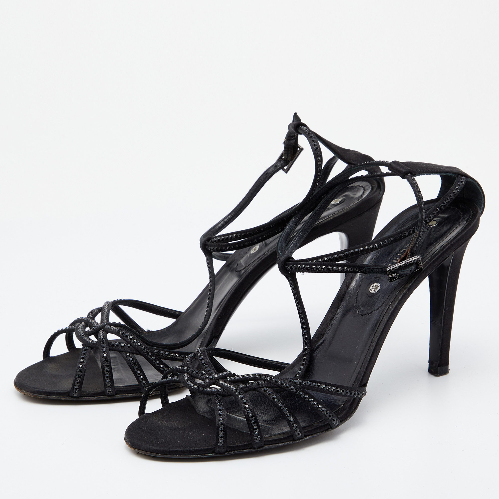 Celine Black Satin Embellished Strappy Sandals Size 41