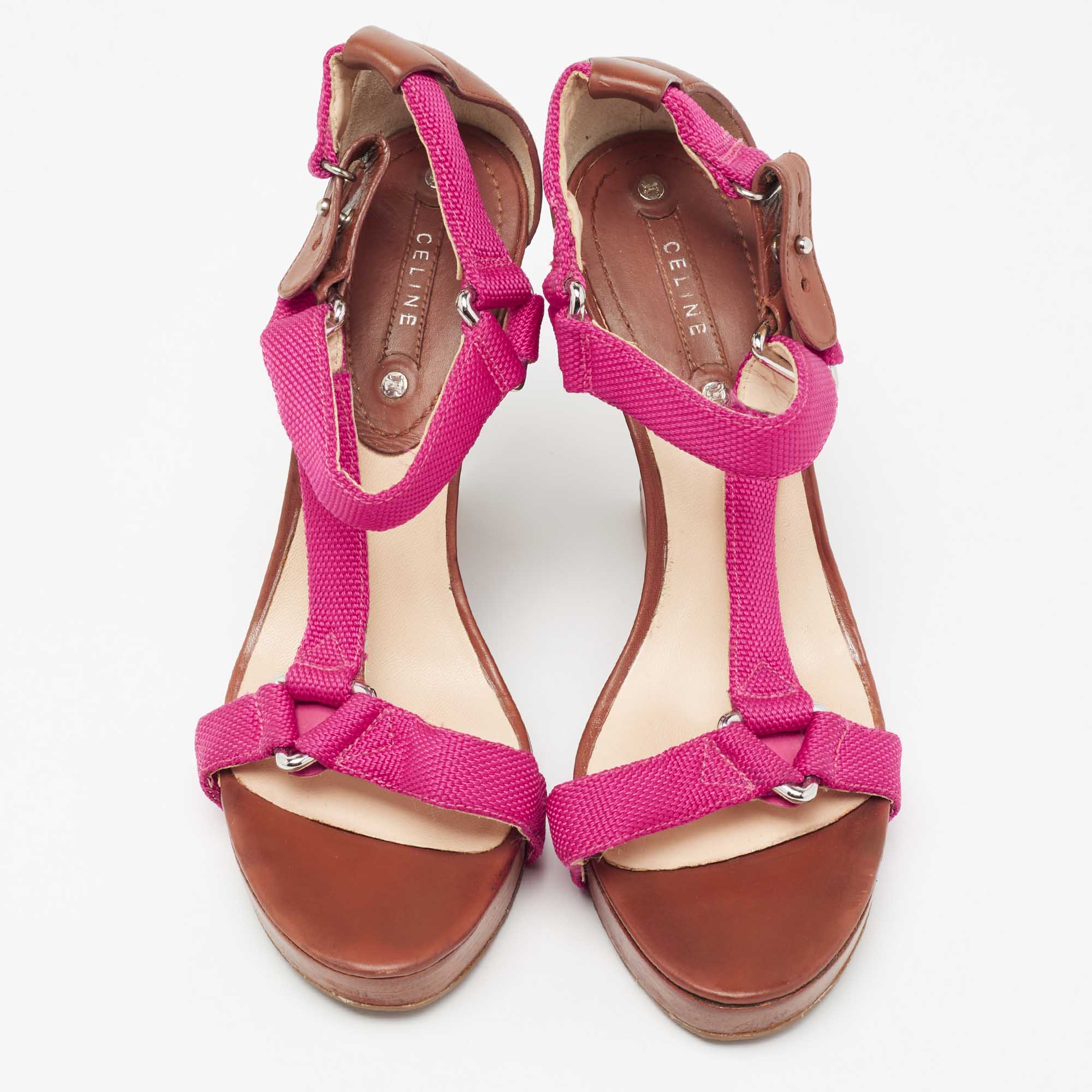 Céline Pink Canvas T-Strap Wedge Slingback Sandals Size 39