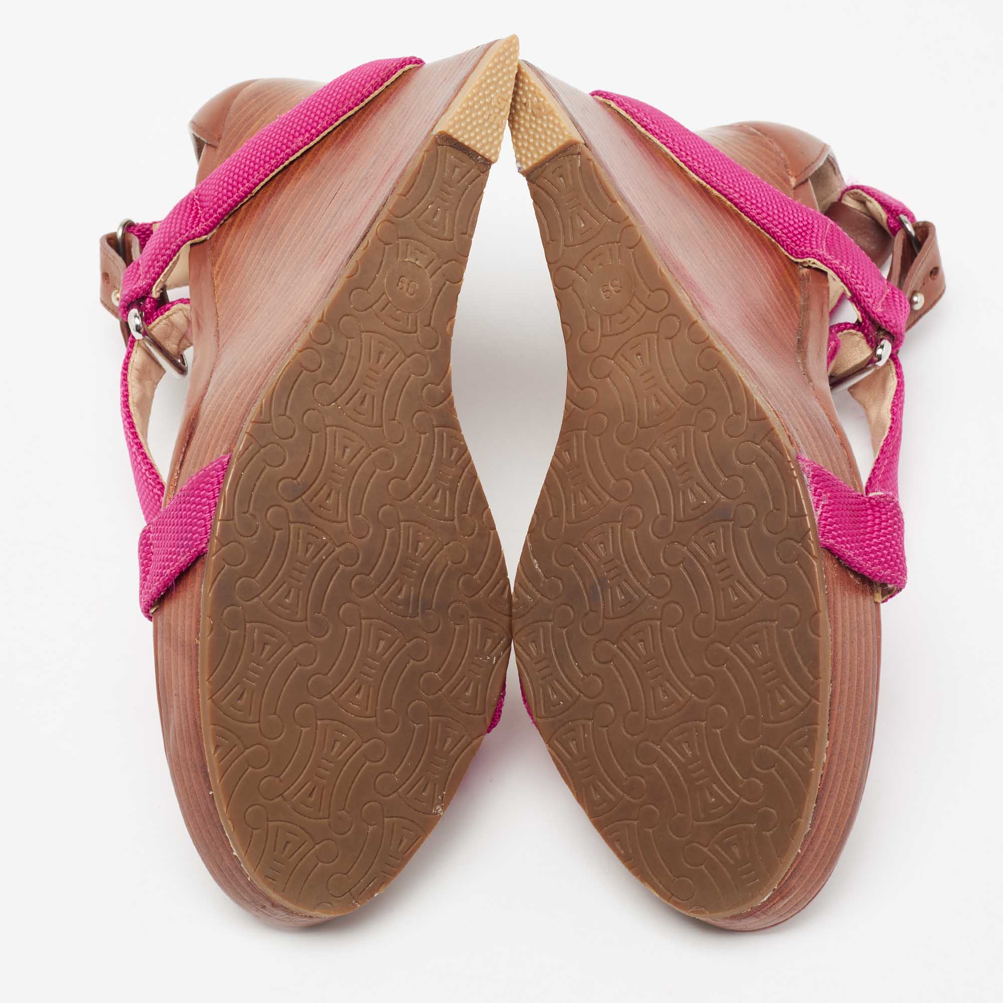 Céline Pink Canvas T-Strap Wedge Slingback Sandals Size 39