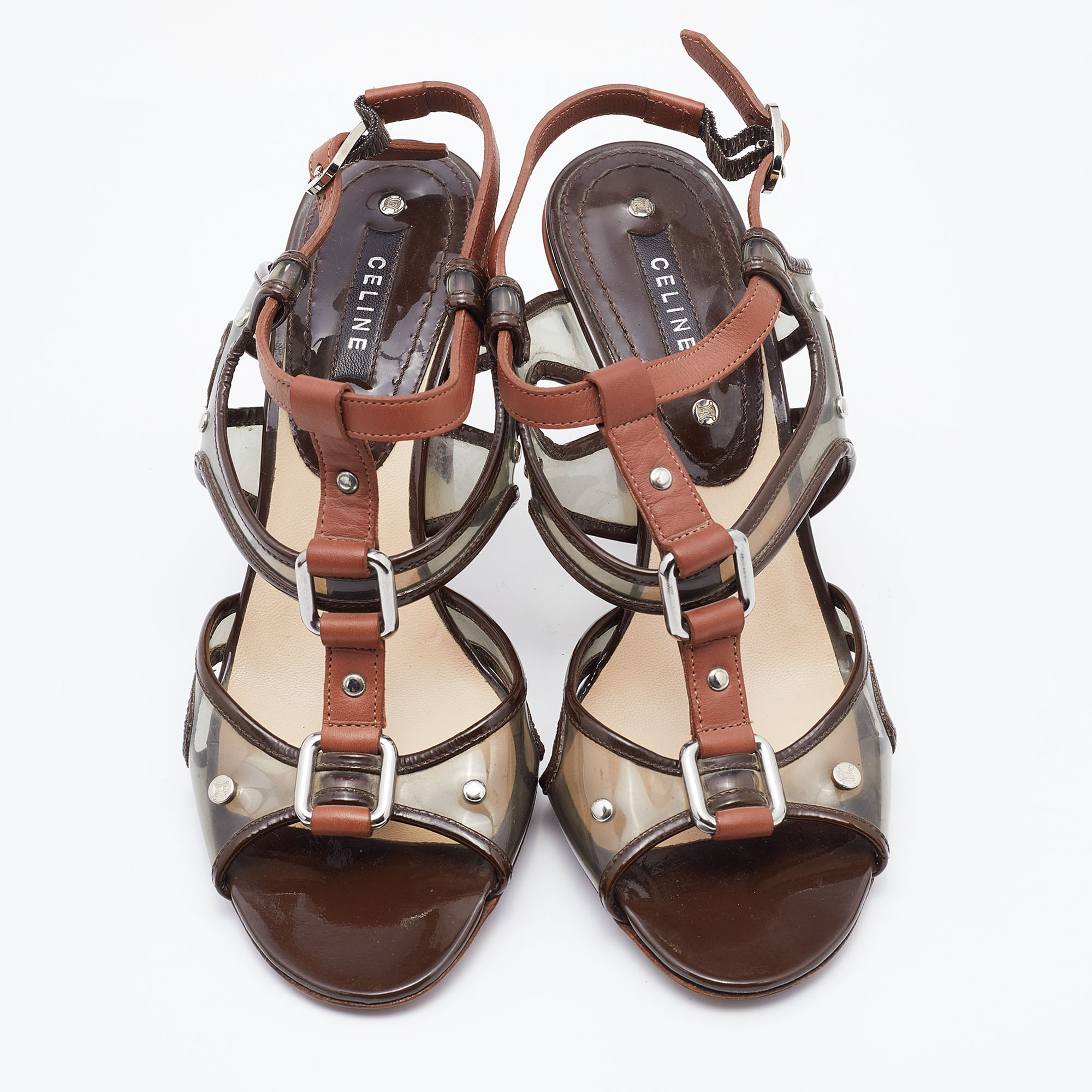 Celine Brown Leather And PVC Caged Studded Ankle Strap Sandals Size 37.5
