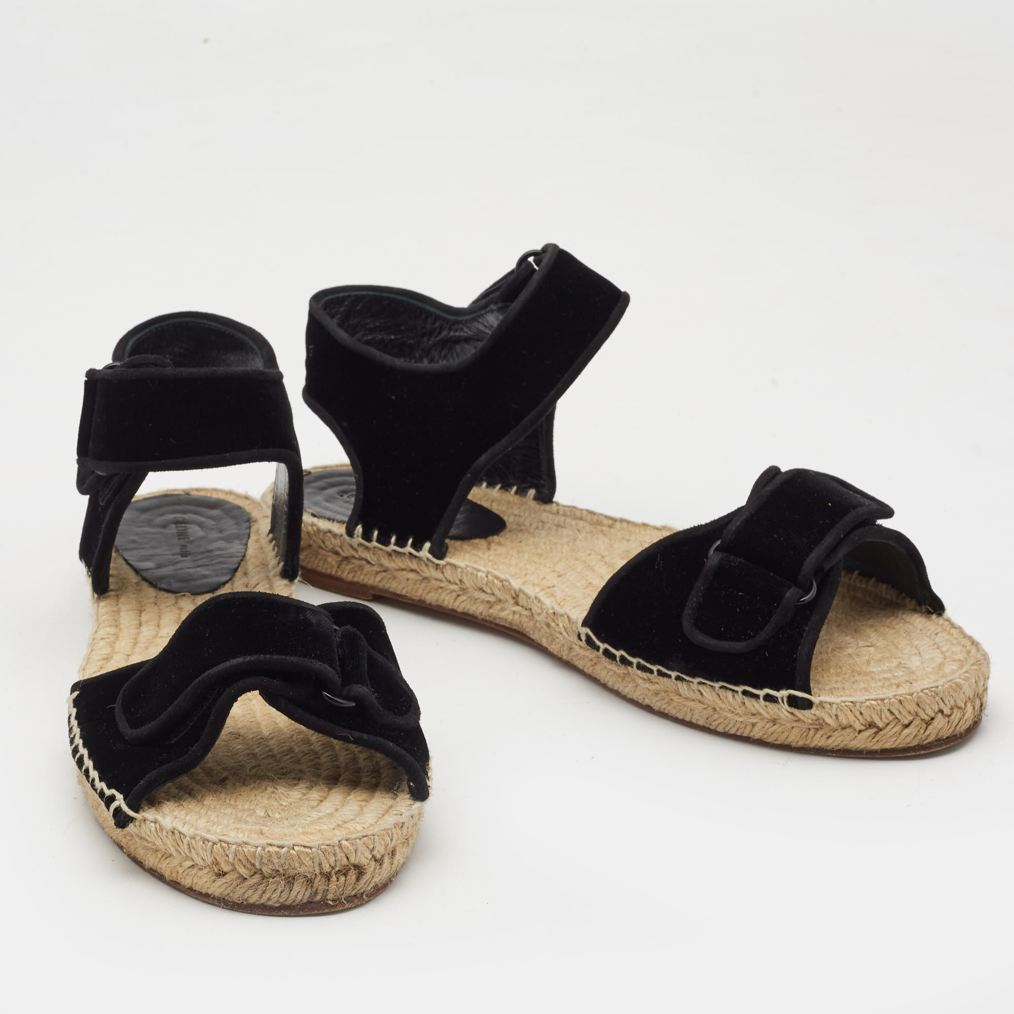 Celine Black Velvet Velcro Strap Espadrille Sandals Size 40
