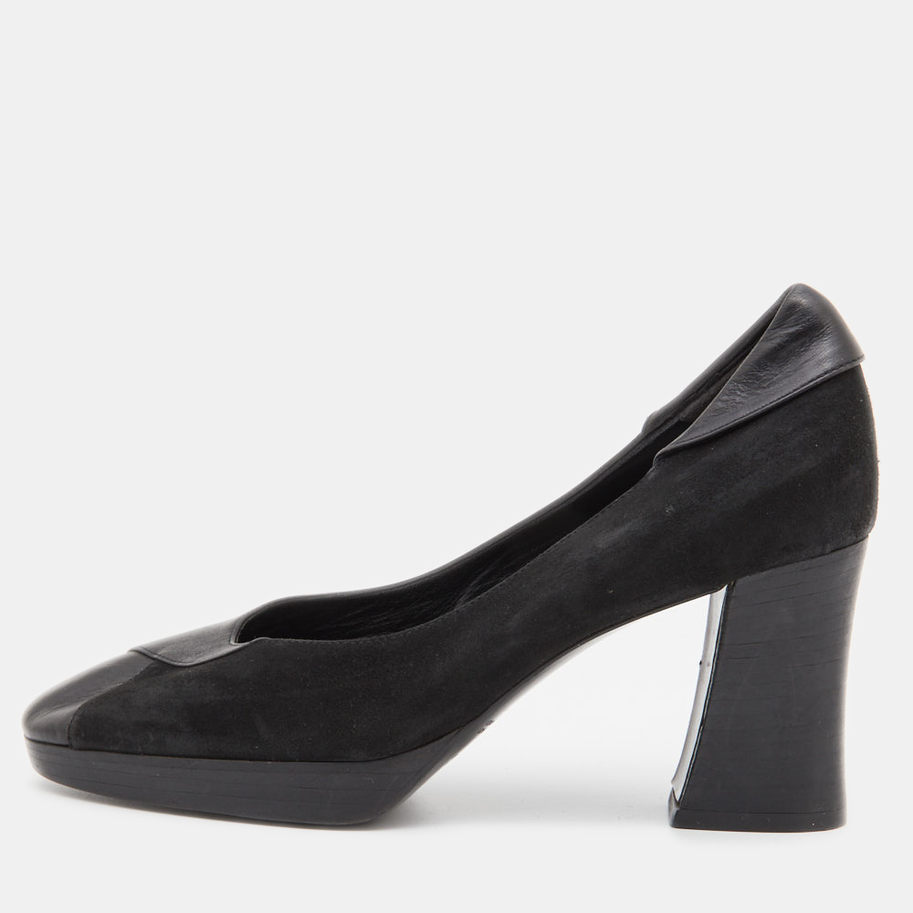 Celine Black Leather And Suede Block Heel Pumps Size 35.5