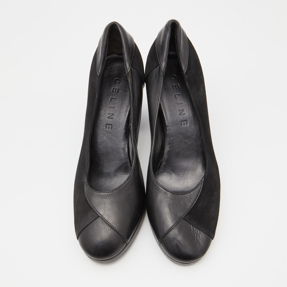 Celine Black Leather And Suede Block Heel Pumps Size 35.5