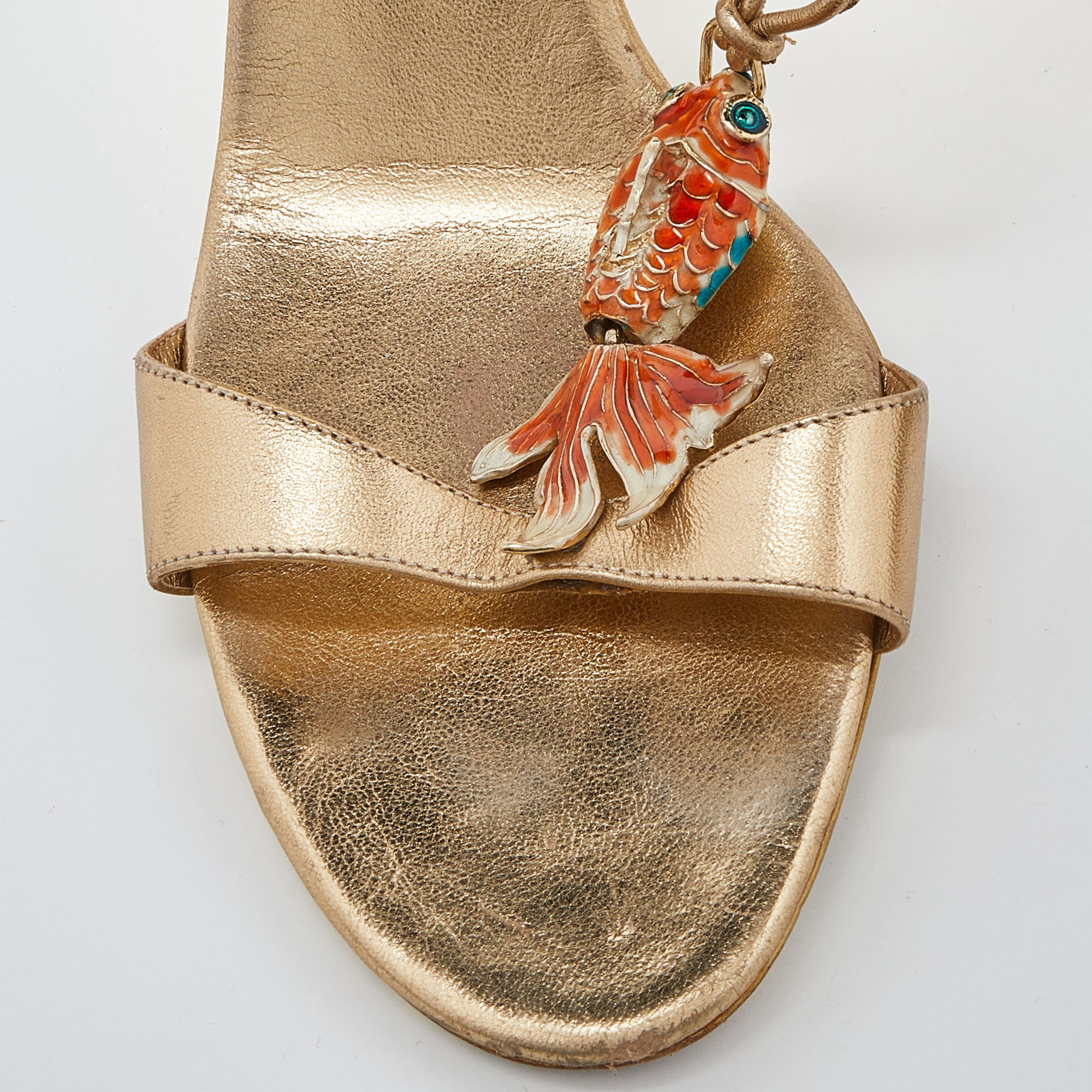 Celine Metallic Gold Leather Koi Fish Embellished Slide Sandals Size 39
