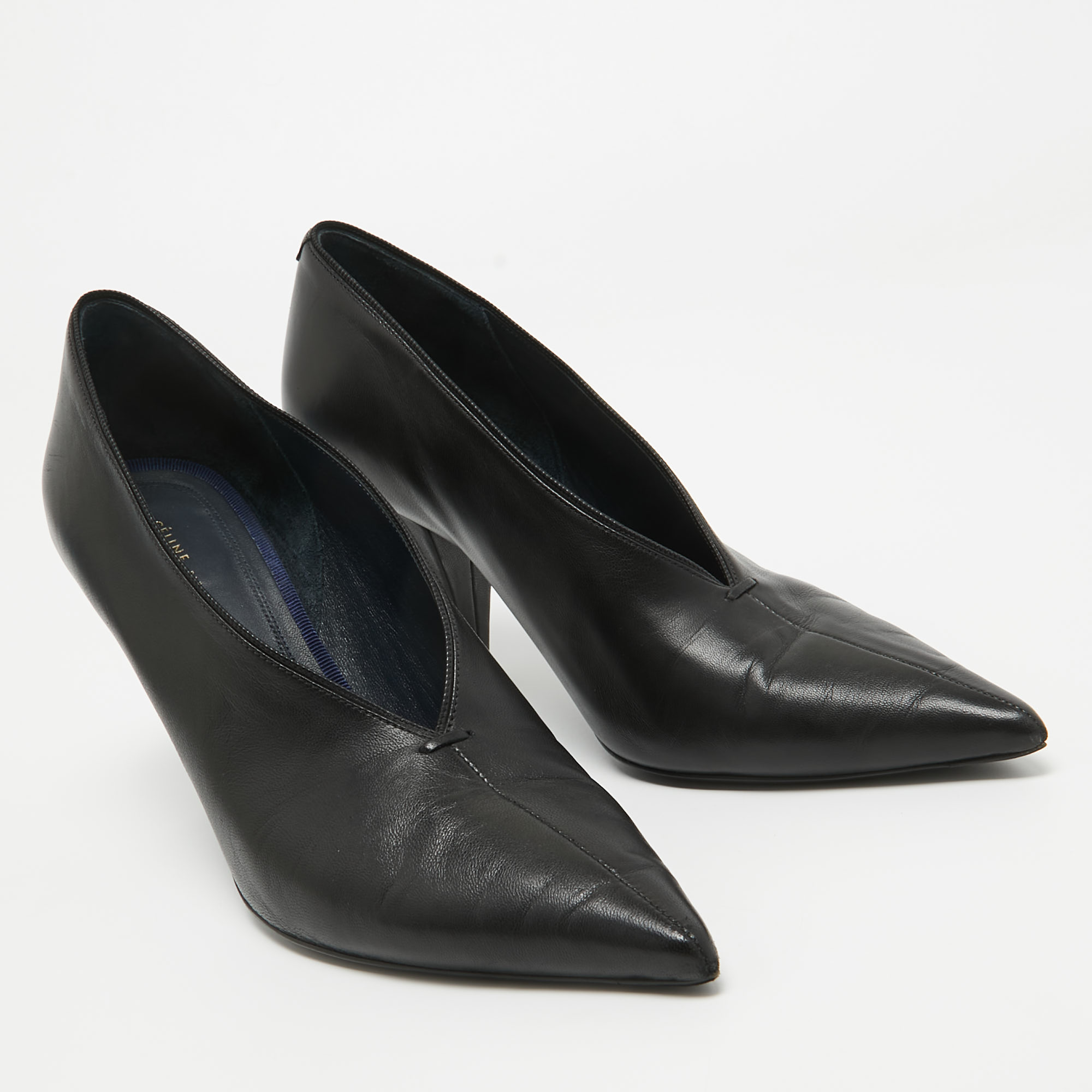 Celine Black Leather V Neck Pointed Toe Pumps Size 37