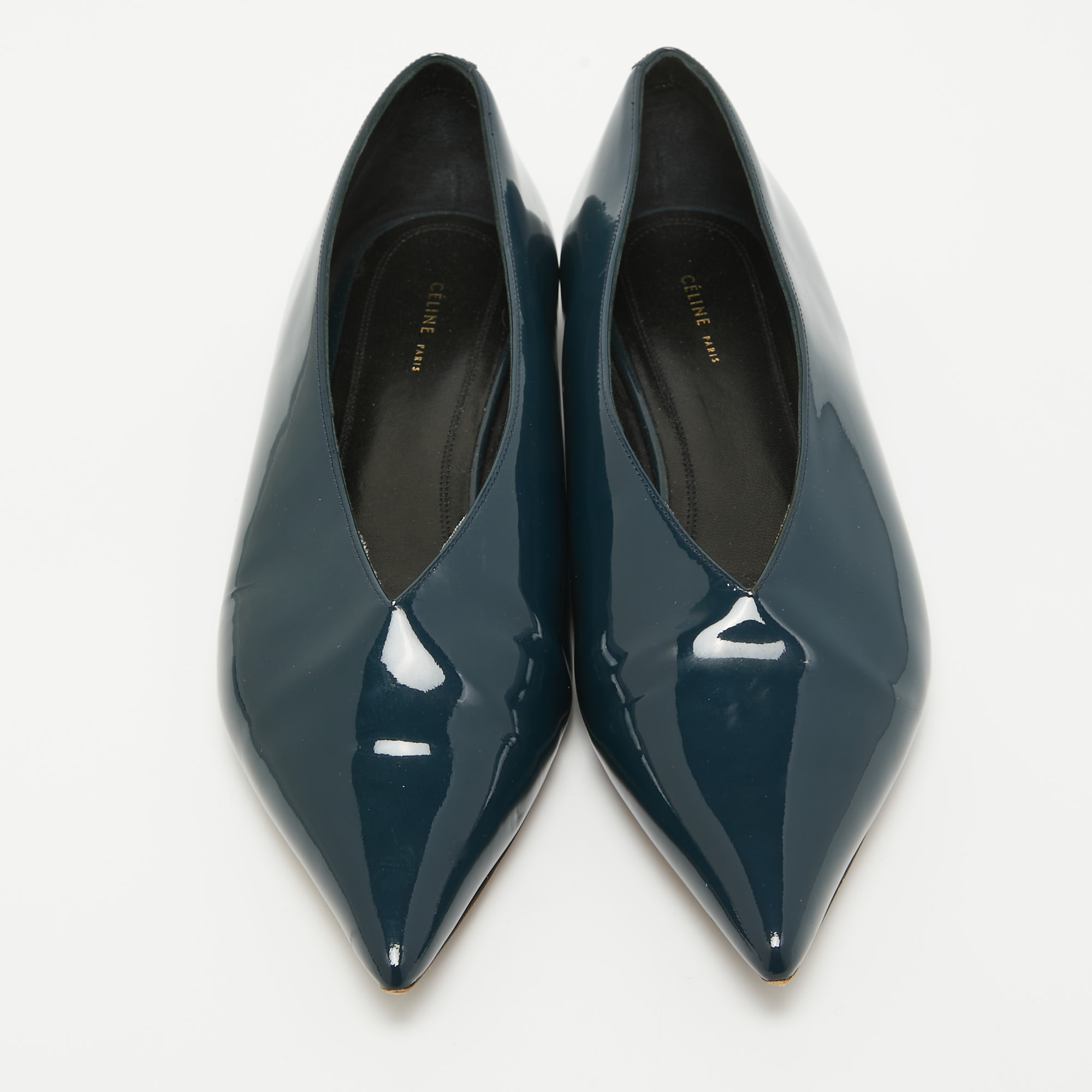 Celine Navy Blue Patent Leather V Neck Ballet Flats Size 37.5