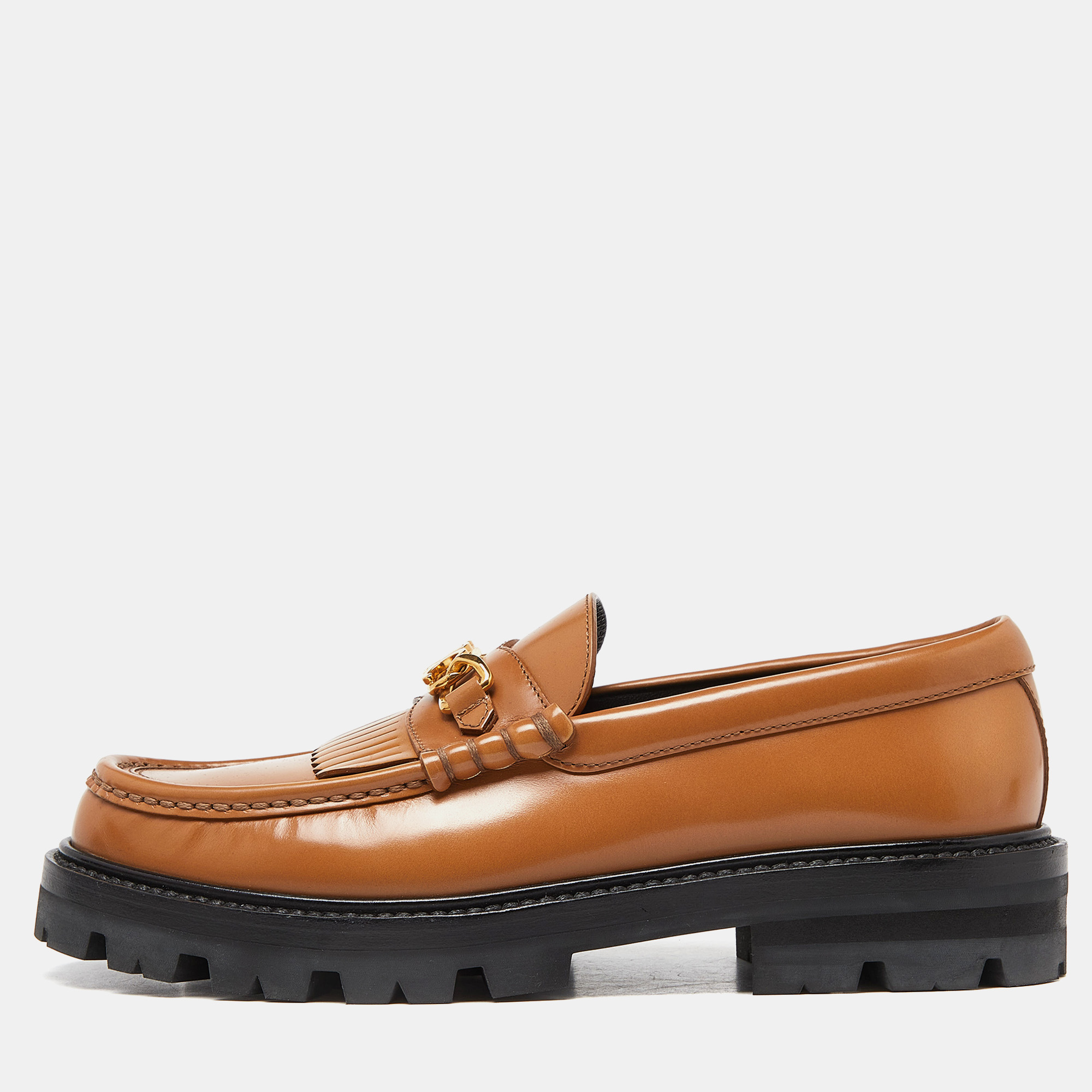 Celine brown leather triomphe frame margaret fringe details slip on loafers size 38
