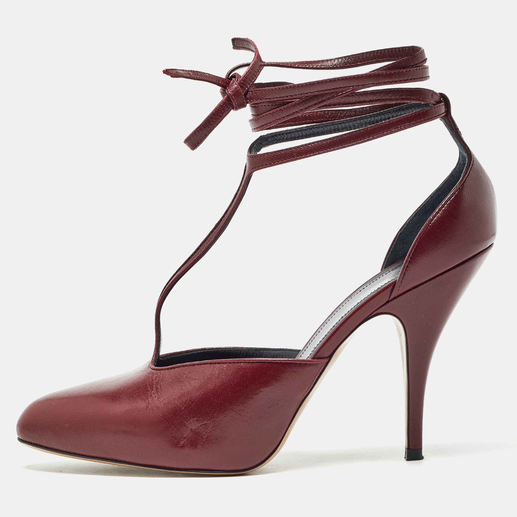 Celine burgundy leather ankle wrap pointed toe pumps size 38.5