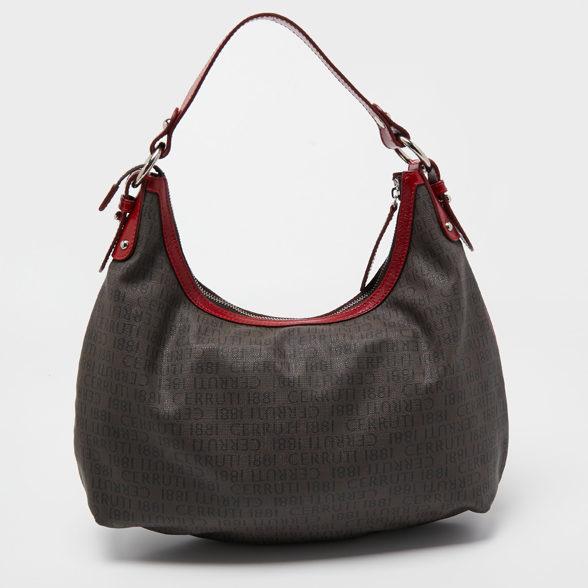 Cerruti Dark Brown/Red Monogram Coated Canvas And Leather Hobo
