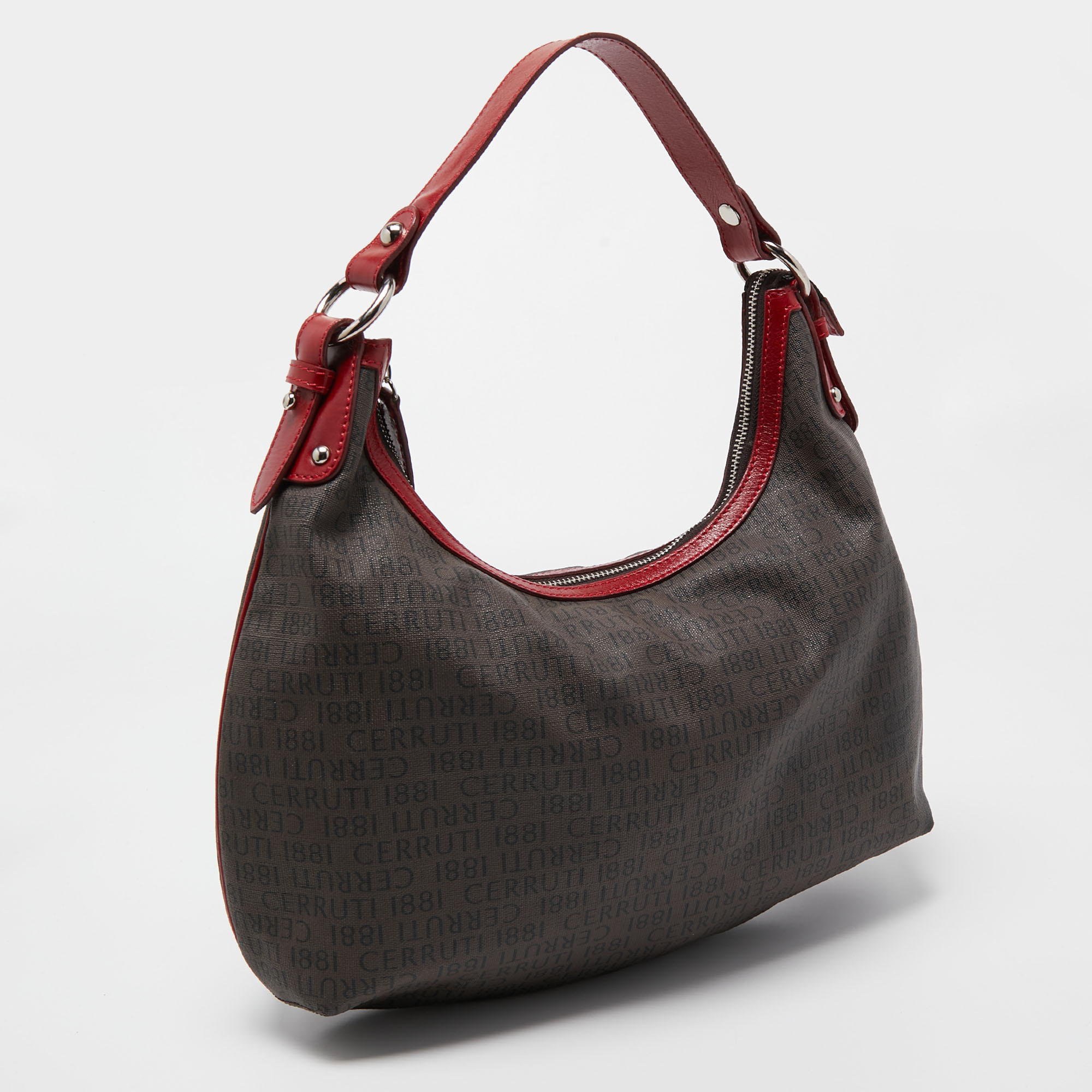 Cerruti Dark Brown/Red Monogram Coated Canvas And Leather Hobo