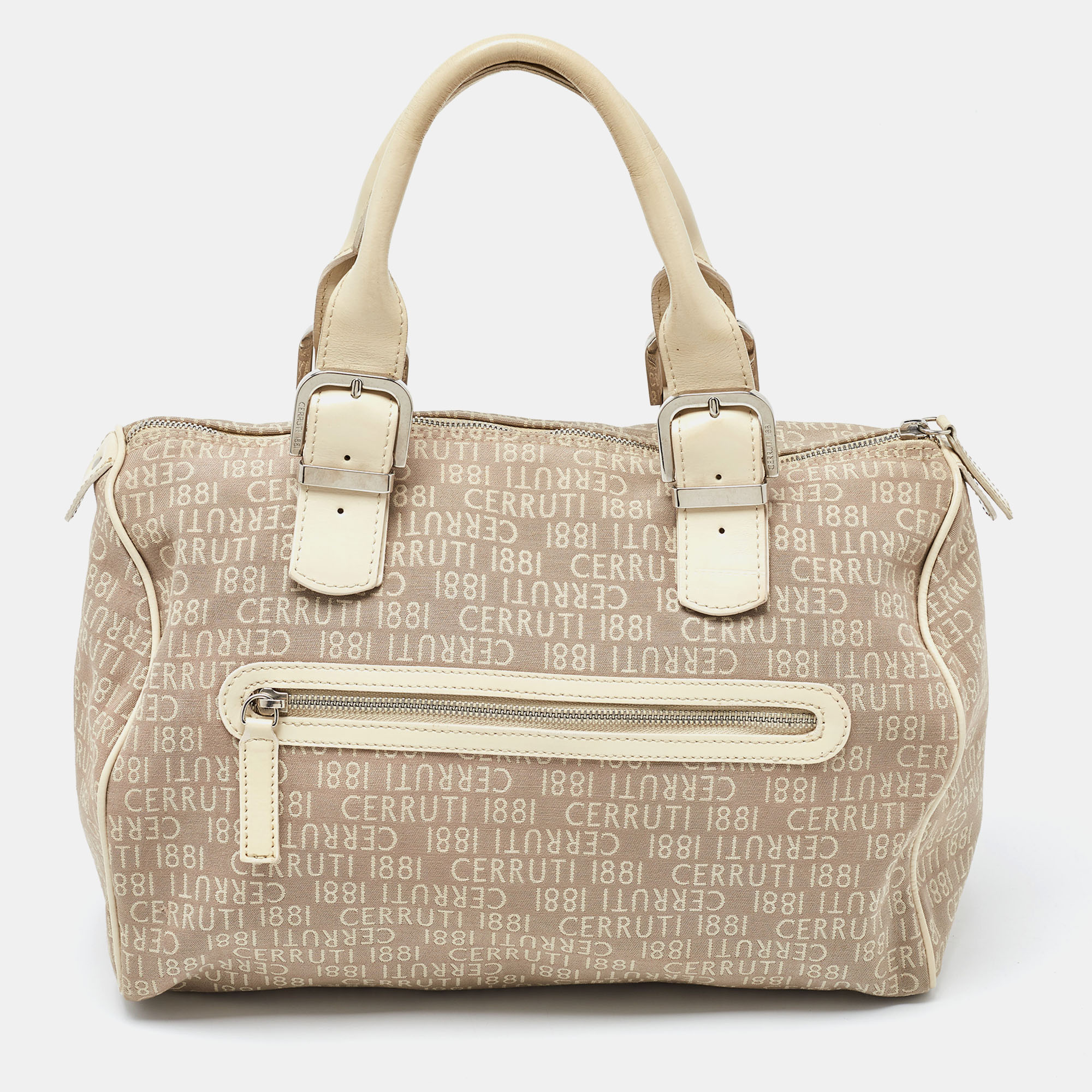 Cerruti beige signature canvas and patent leather boston bag