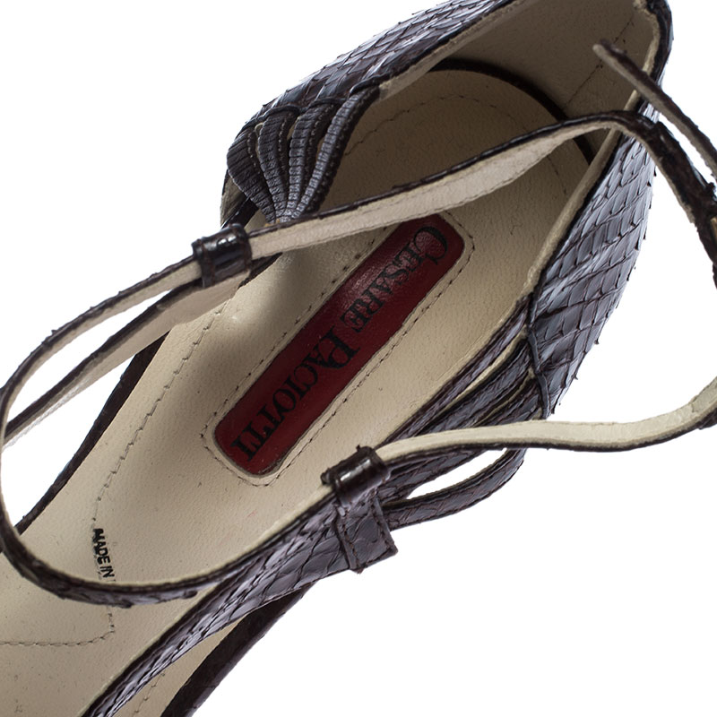 Cesare Paciotti Dark Brown Strappy Python Double Stacked Platform Sandals Size 38.5