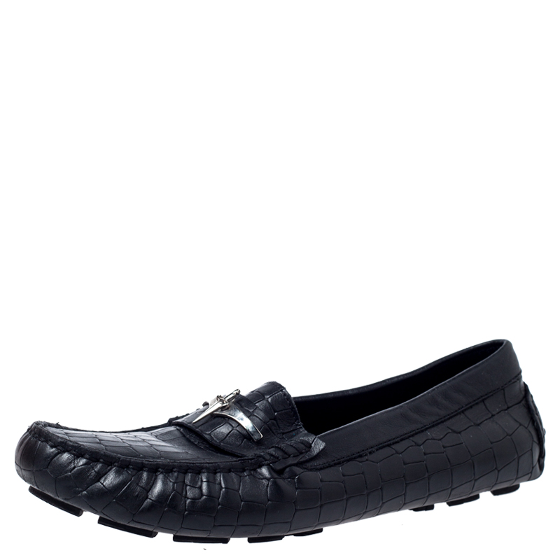 Cesare Paciotti Black Croc Embossed Leather Slip On Loafers Size 35