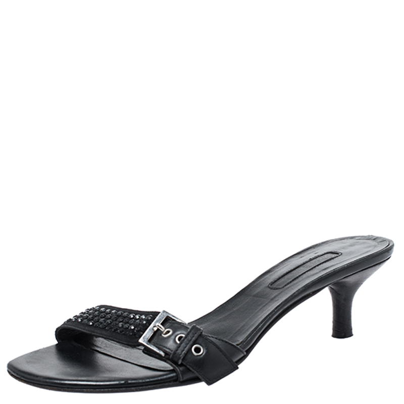 Cesare Paciotti Black Leather Crystal Embellished Buckle Detail Kitten Heel Mules Size 37