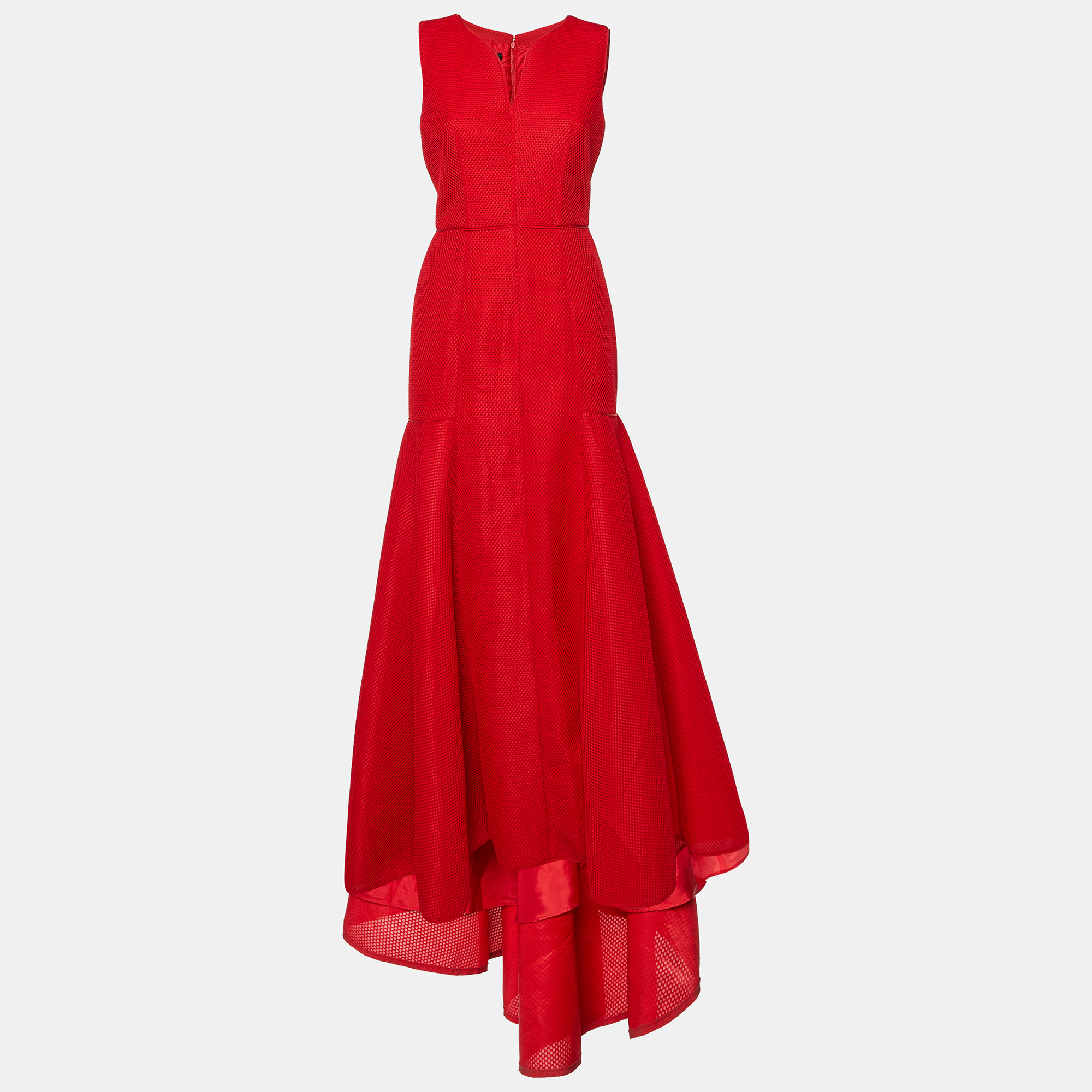 CH Carolina Herrera Red Tricot Mesh Sleeveless Gown M