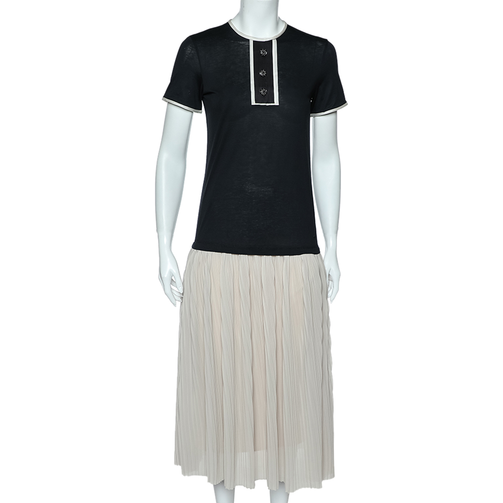 Ch carolina herrera black & beige cotton & silk plisse detail midi dress xs