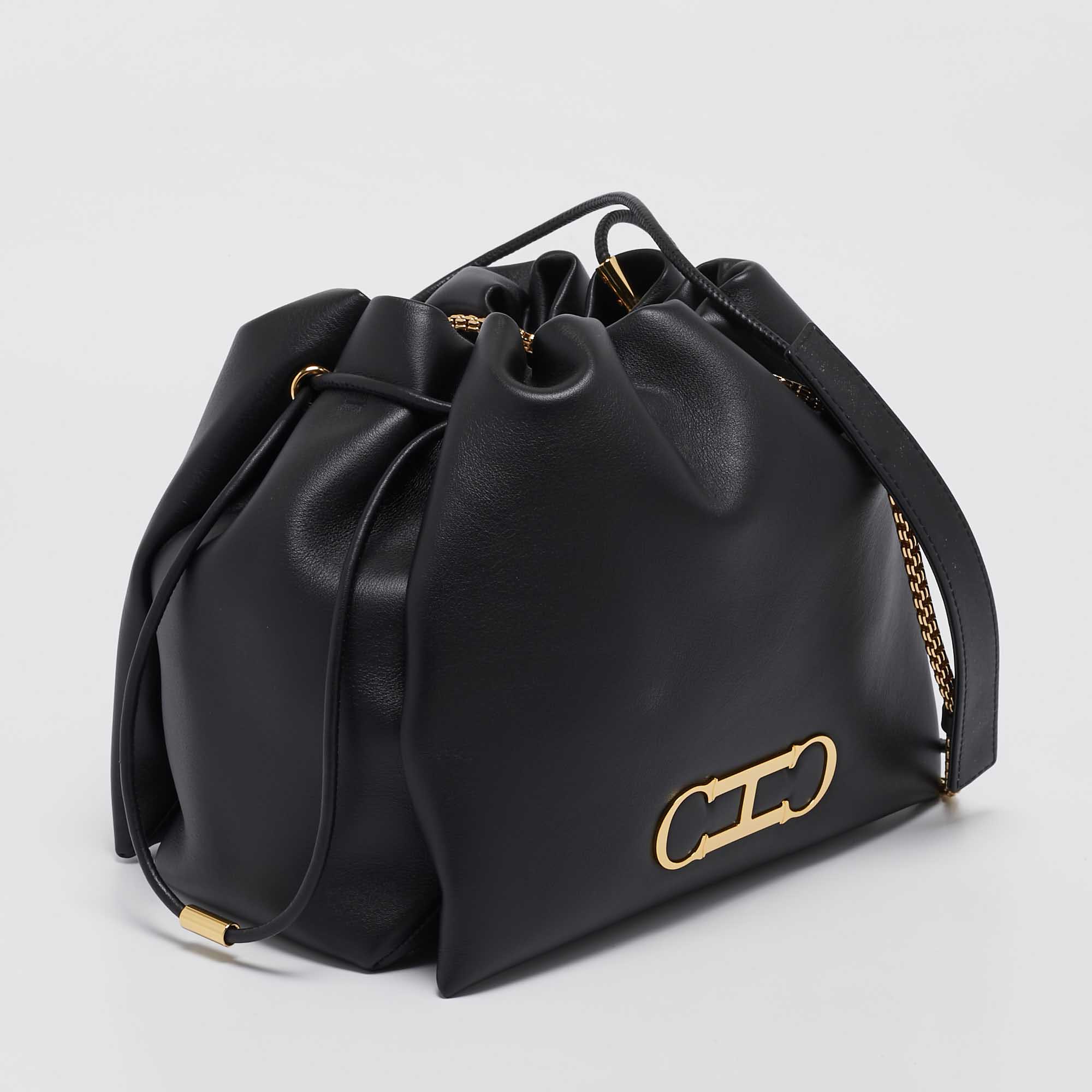 CH Carolina Herrera Black Leather Medium Initials Insignia Soft Bucket Bag