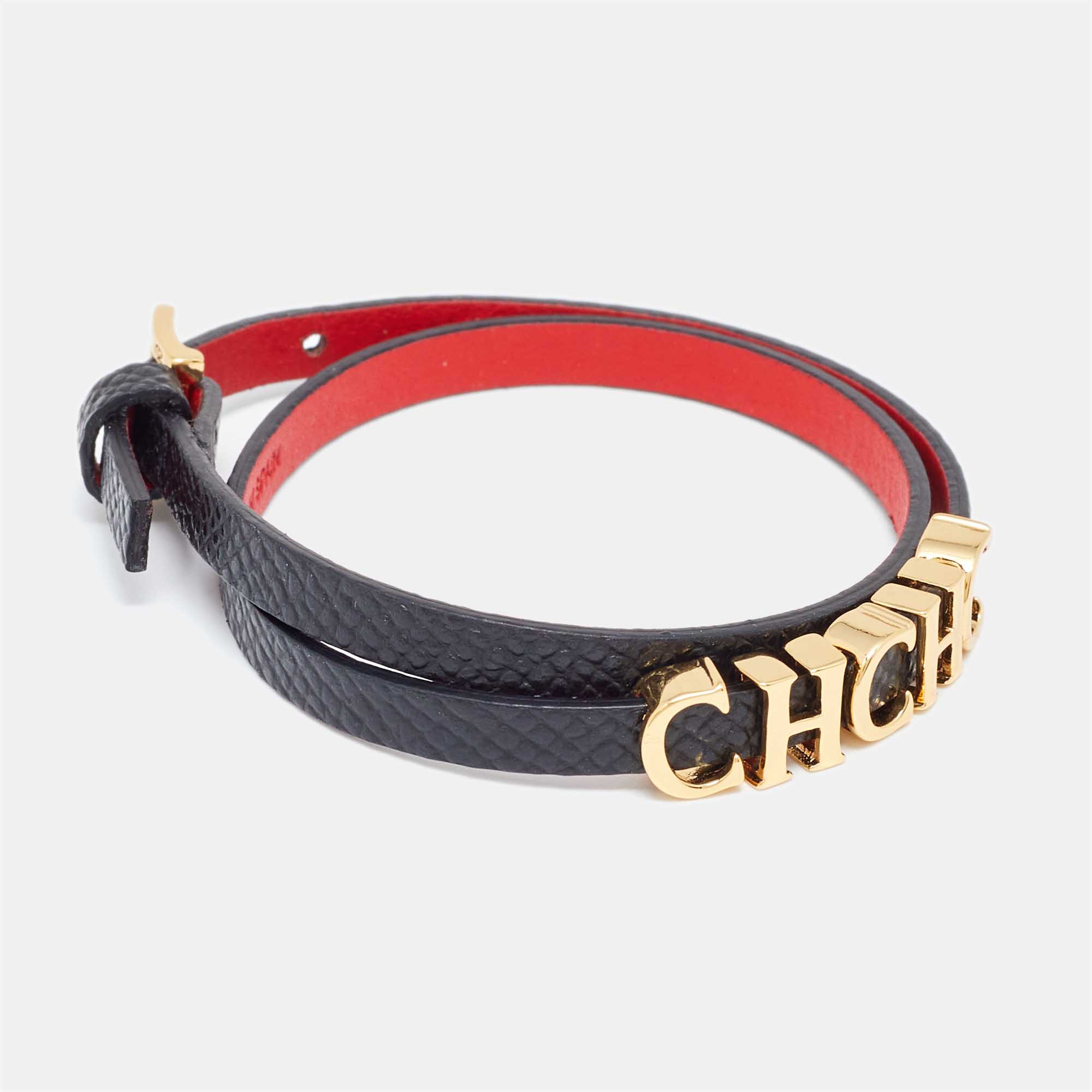 CH Carolina Herrera Black Leather Logo Double Wrap Bracelet