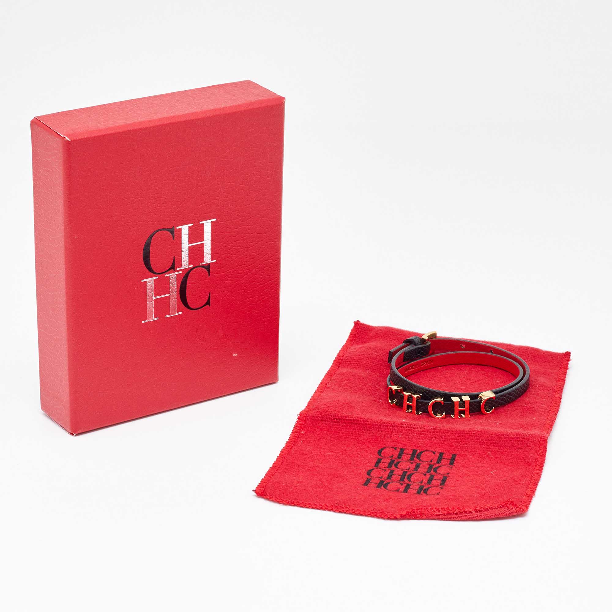 CH Carolina Herrera Black Leather Logo Double Wrap Bracelet