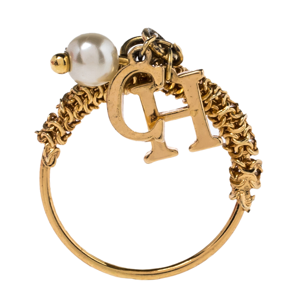 CH Carolina Herrera Gold Tone Logo Charms Ring Size EU 50.5