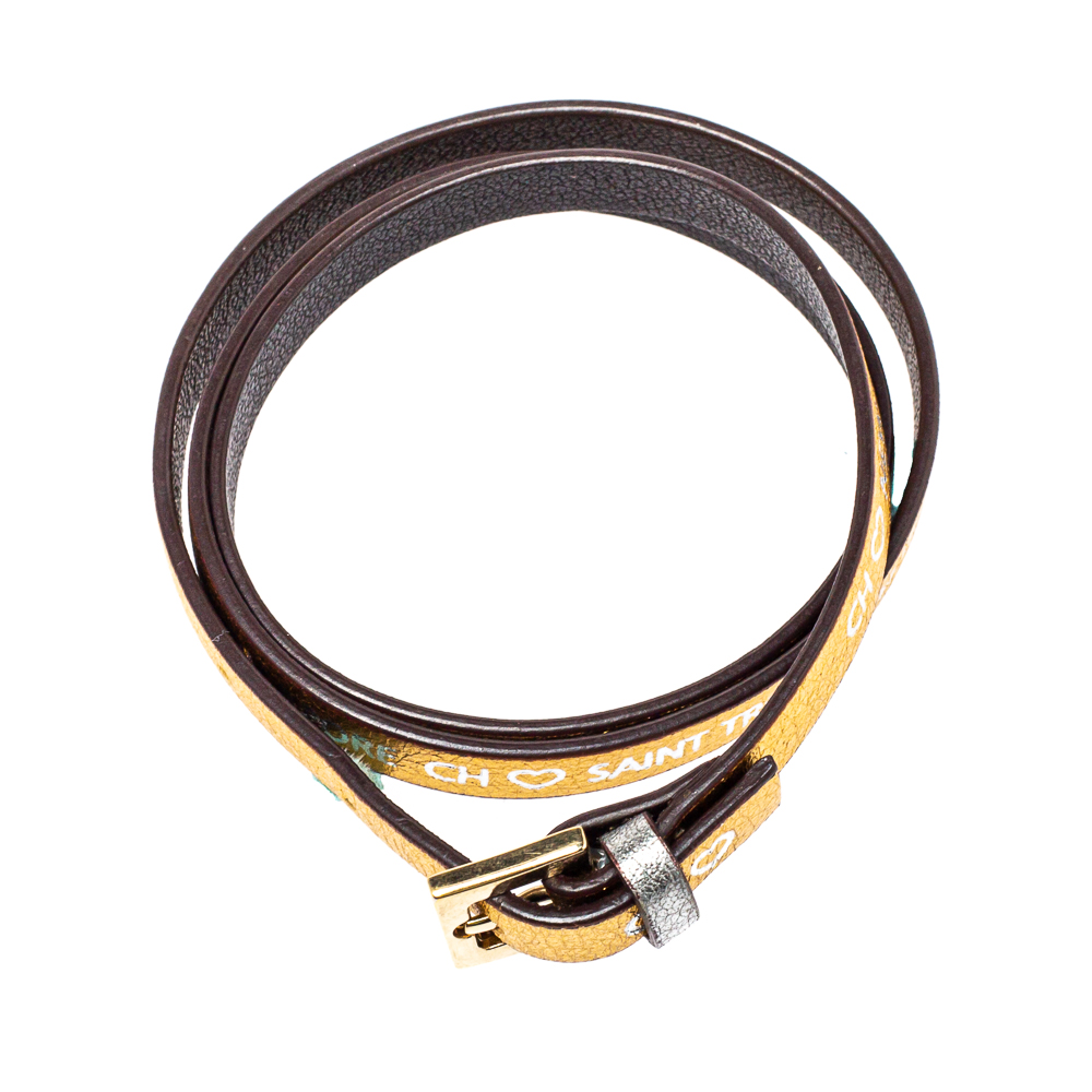 CH Carolina Herrera Gold Printed Leather Triple Wrap Bracelet
