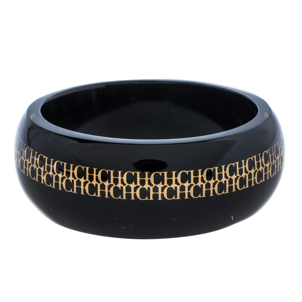 Carolina Herrera Black Resin Gold Tone Metal Wide Bangle Bracelet