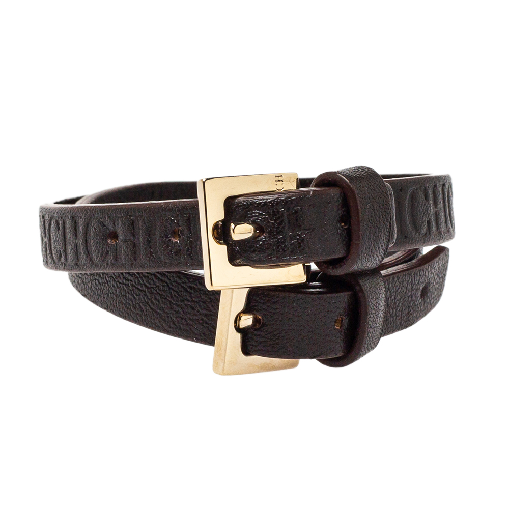 CH Carolina Herrera Dark Brown Monogram Leather Wrap Bracelet Set