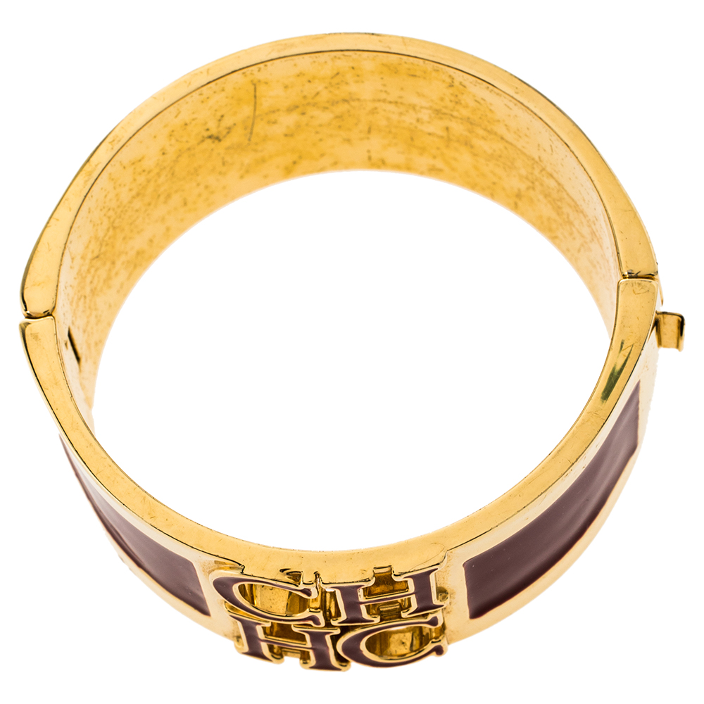 CH Carolina Herrera Red Enamel Logo Gold Tone Cuff Bracelet