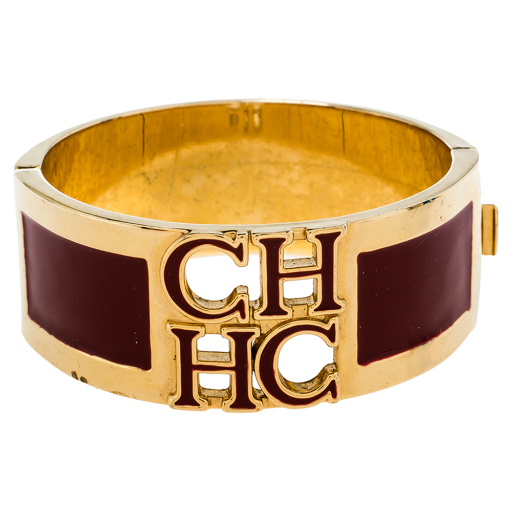 CH Carolina Herrera Red Enamel Logo Gold Tone Cuff Bracelet