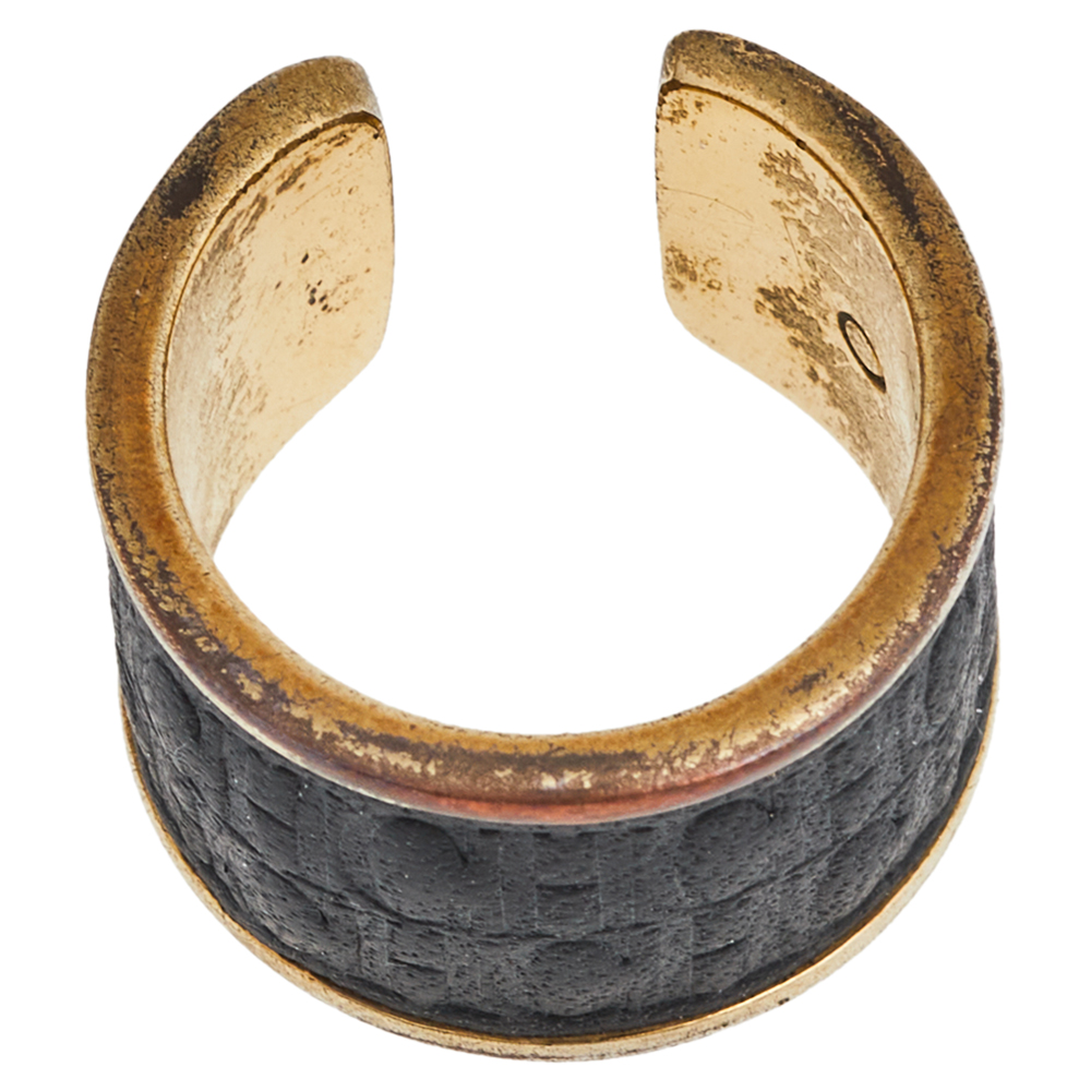 CH Carolina Herrera Black Leather Gold Tone Open Ring Size 52.5
