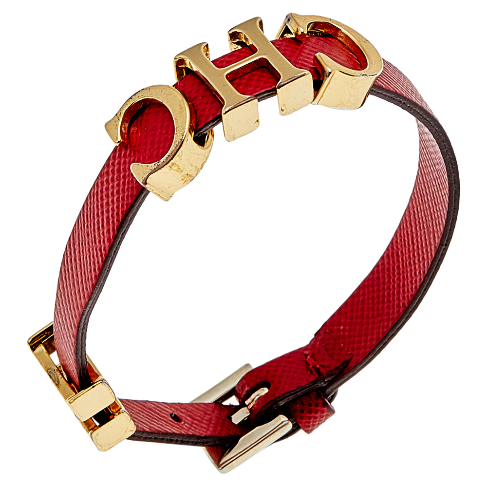 CH Carolina Herrera Red Leather Logo Charm Wrap Bracelet