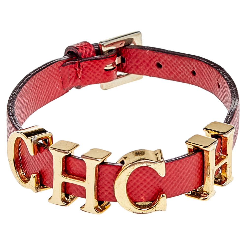 CH Carolina Herrera Red Leather Logo Charm Wrap Bracelet