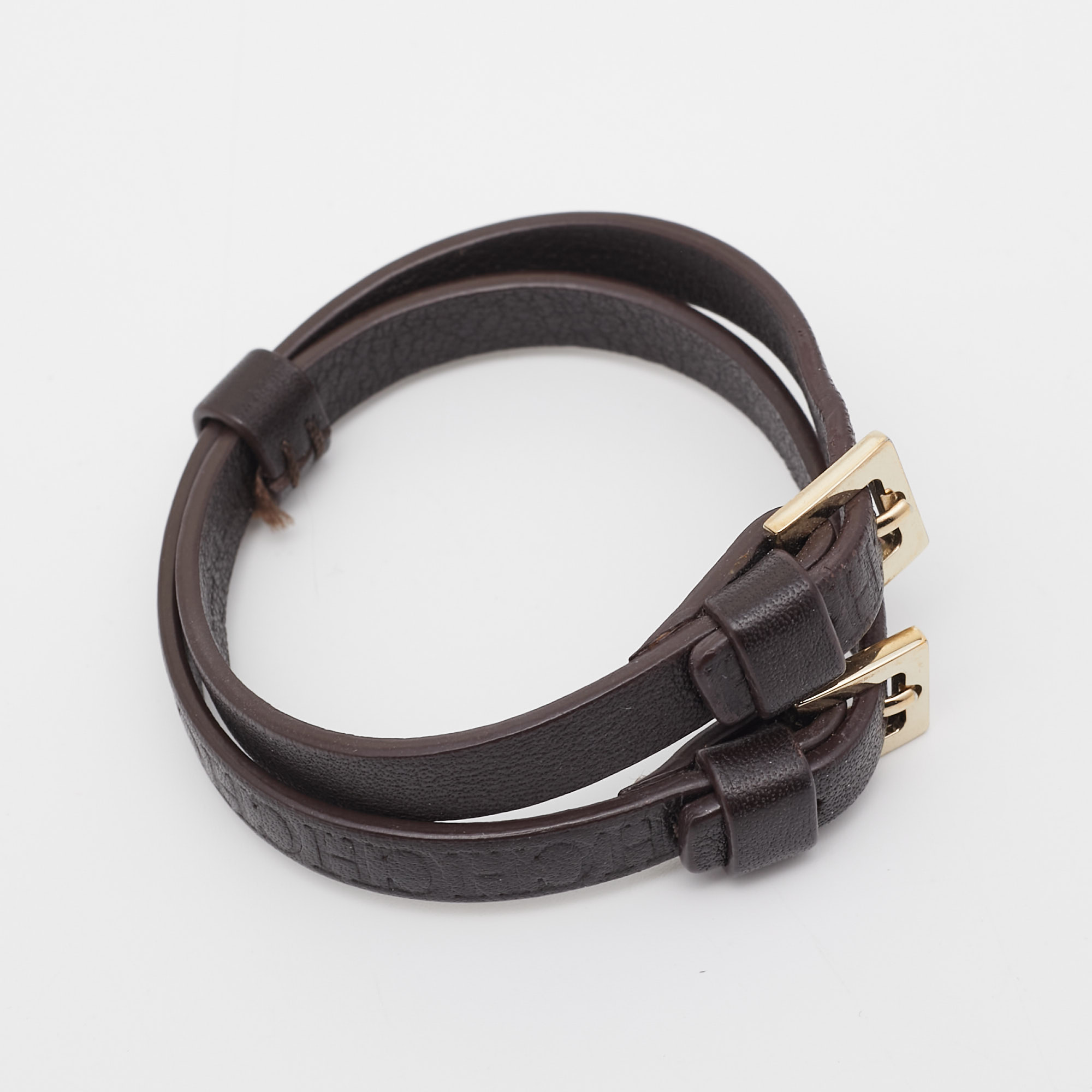 CH Carolina Herrera Brown Logo Embossed Double Wrap Leather Bracelet