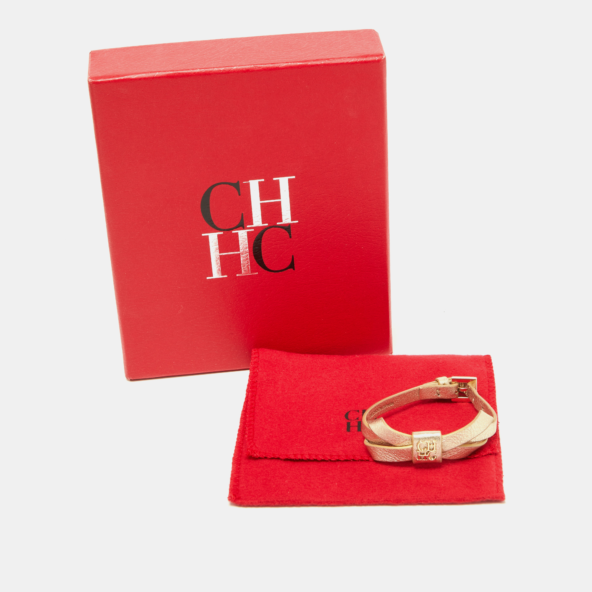 CH Carolina Herrera Gold Leather Logo Bow Bracelet