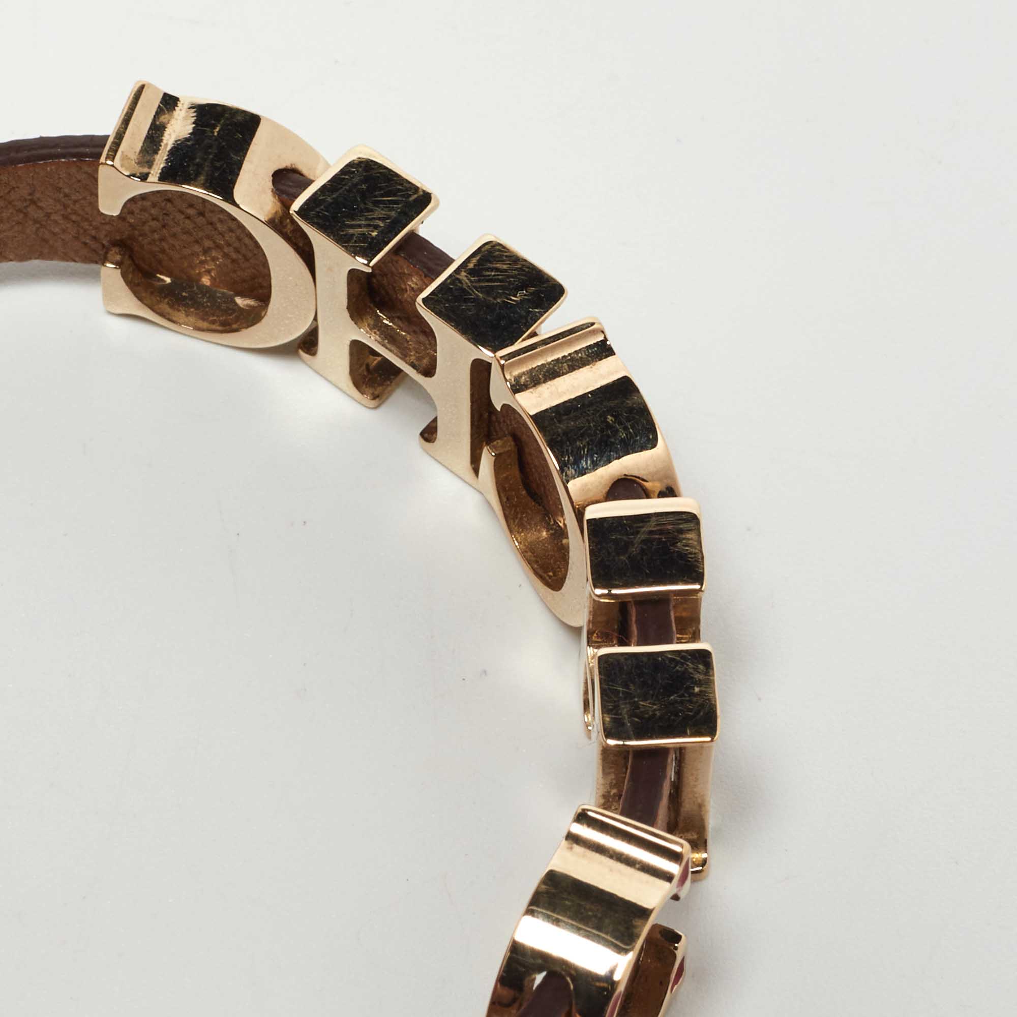 CH Carolina Herrera Brown Enameled CH Logo Brown Leather Gold Tone Bracelet