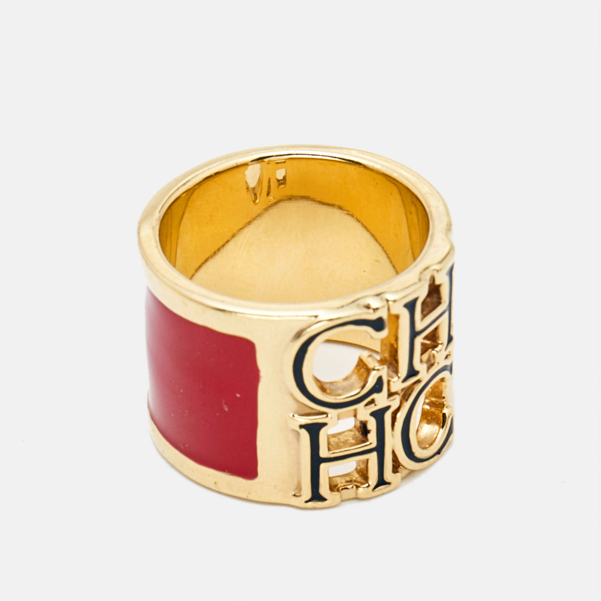 CH Carolina Herrera Logo Enamel Gold Tone Wide Band Ring Size 54