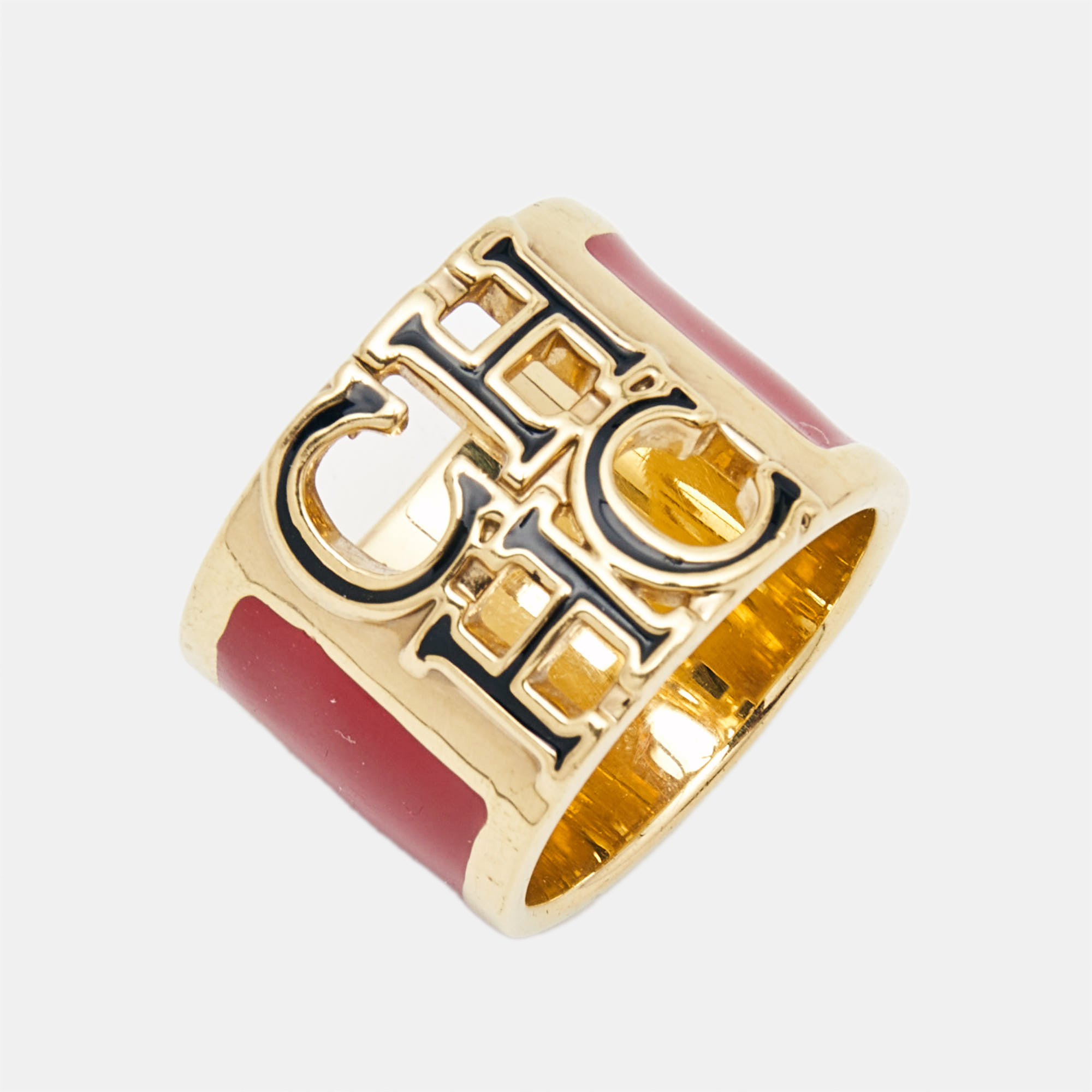 CH Carolina Herrera Logo Enamel Gold Tone Wide Band Ring Size 54