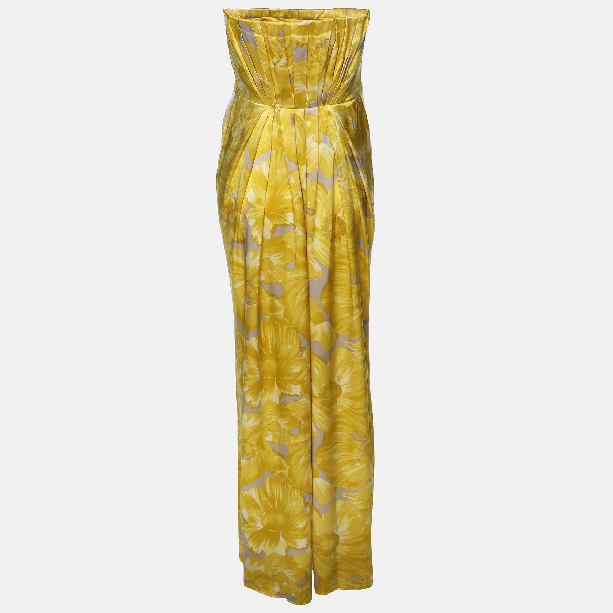 CH Carolina Herrera Yellow Printed Silk Strapelss Long Dress S