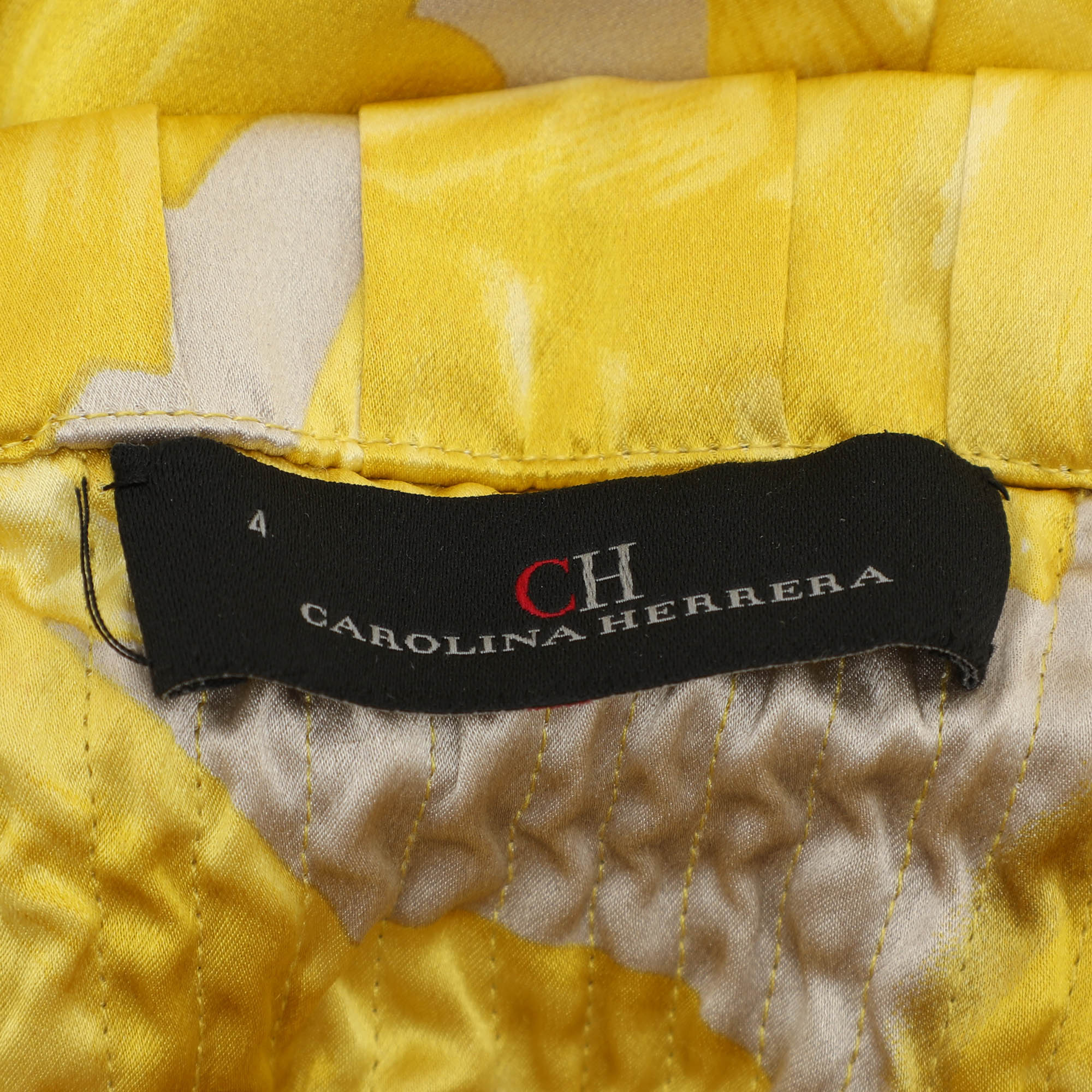 CH Carolina Herrera Yellow Printed Silk Strapelss Long Dress S