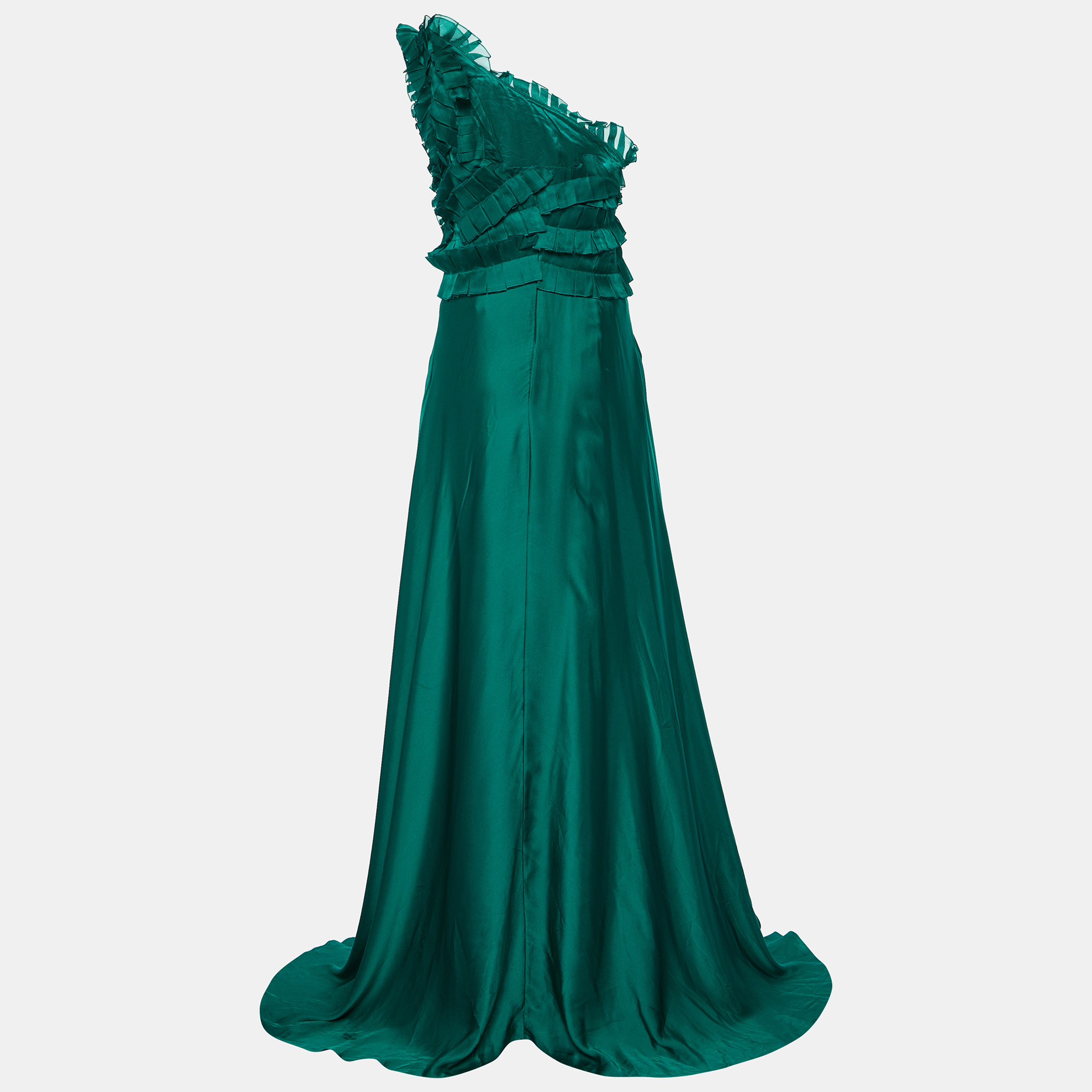 CH Carolina Herrera Green Silk Ruffled One Shoulder Gown M